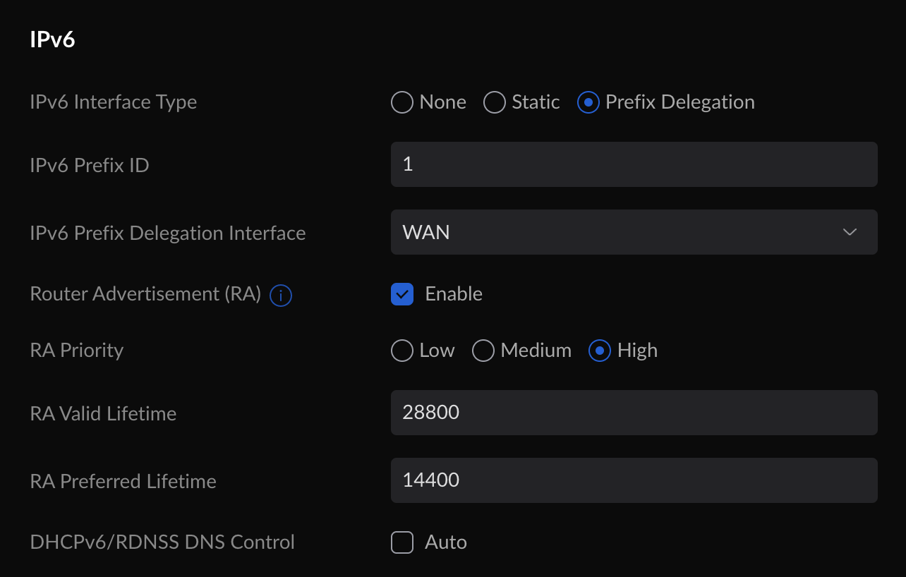 Default network IPv6 settings Default network IPv6 settings